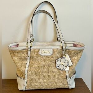 COACH ALEXANDRA STRAW TOTE WITH WHITE PYTHON PATENT LEATHER TRIM & STUDS F21959